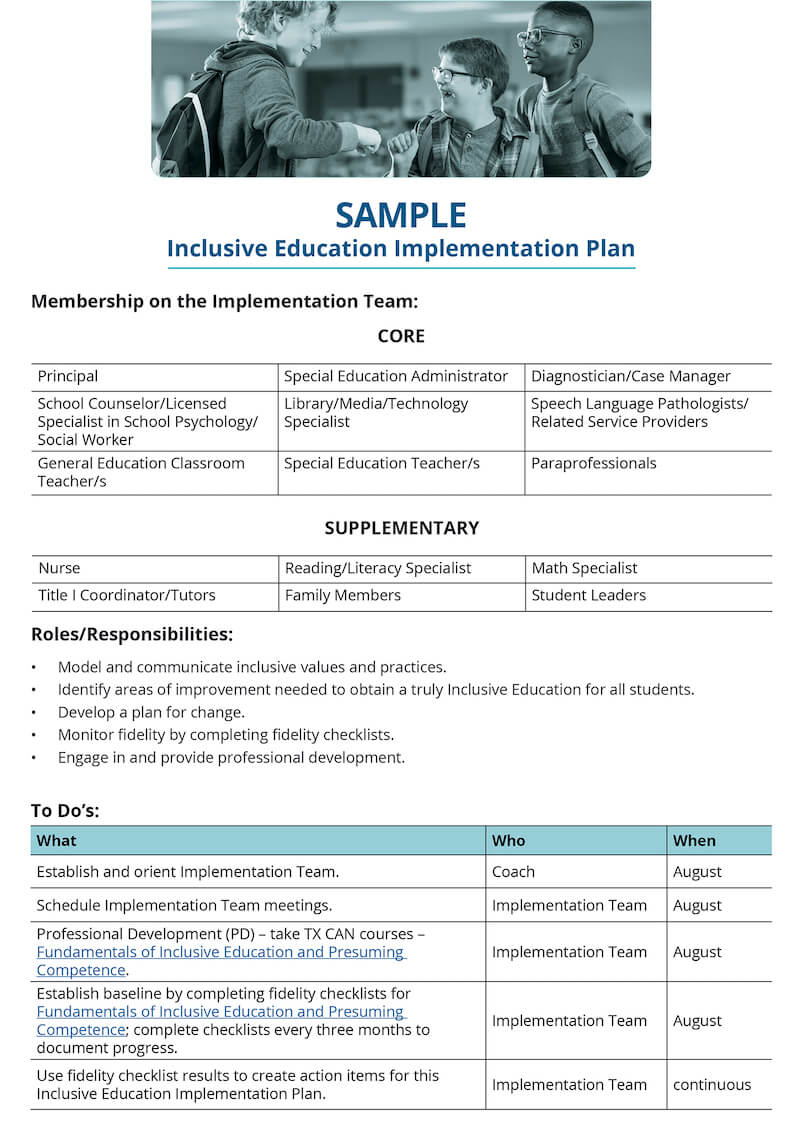 Screenshoot from page one of inclusive education implementation plan