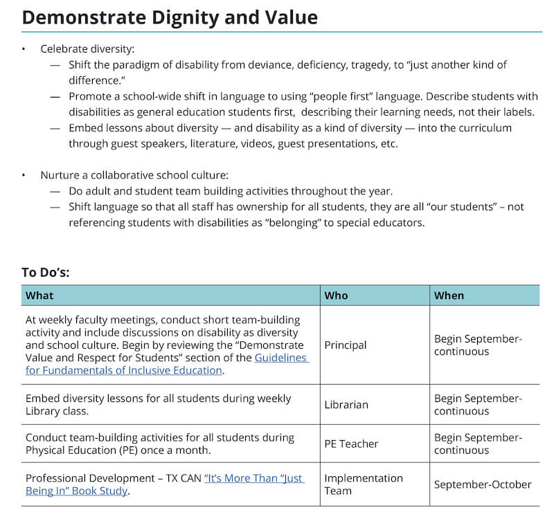 Screenshot of "Sample Phase One Inclusive Education Implementation Plan, Demonstrate Value and Respect"