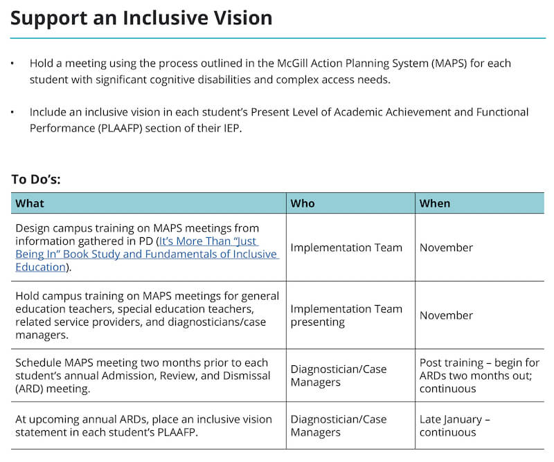 Screenshot of the Inclusive Vision section from the Sample Phase One Inclusive Education Implementation Plan