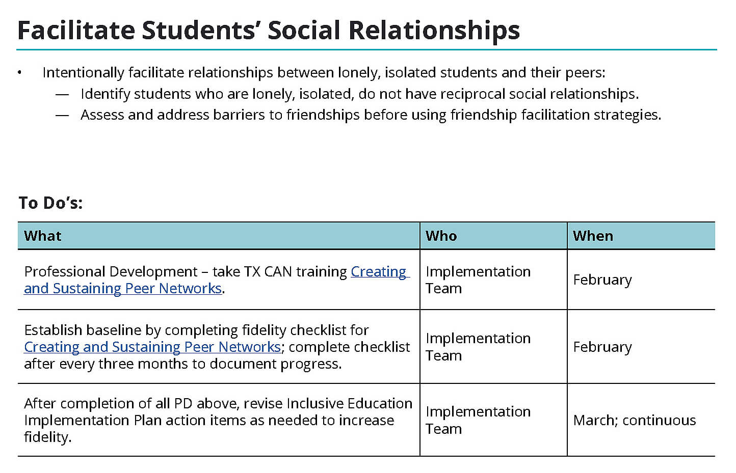 Screenshot of "Sample Phase One Inclusive Education Implementation Plan, Facilitate Students' Social Relationships"