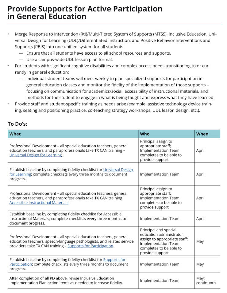 Screenshot of "Sample Phase One Inclusive Education Implementation Plan, Provide Supports for Active Participation"