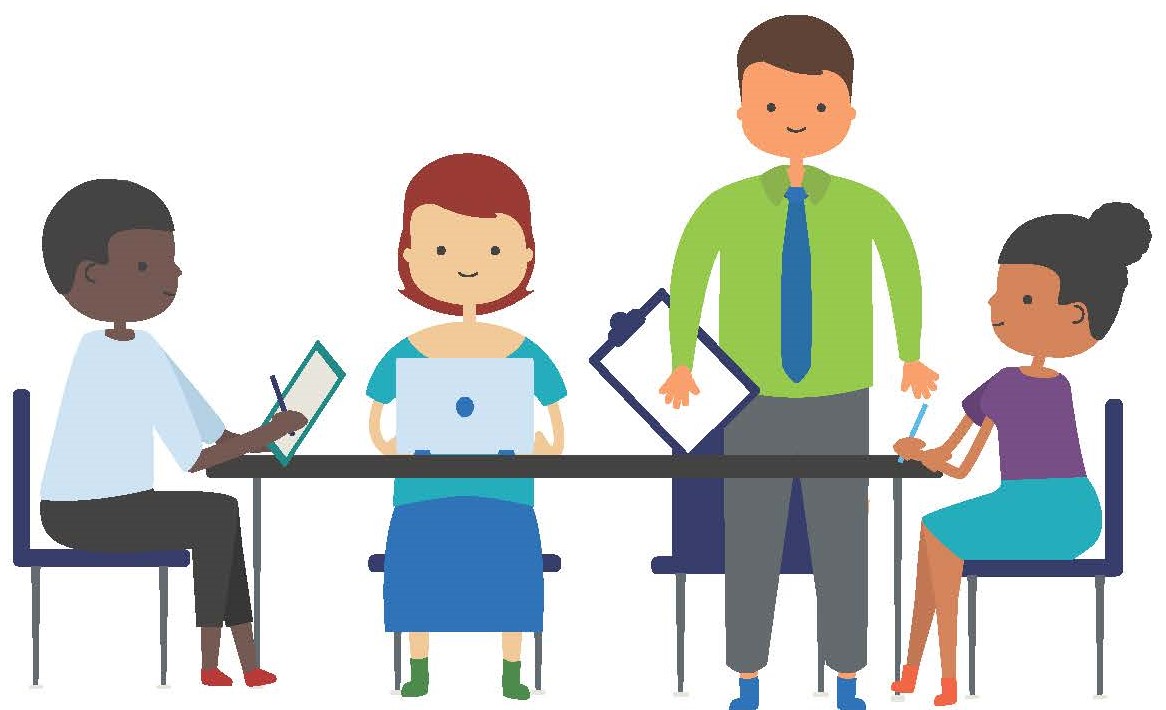 Illustration of a small group meeting at a table. Three individuals are seated with a tablet, laptop, and writing materials, while another individual stands holding a clipboard, representing collaboration, planning, instruction, or an educational team meeting.