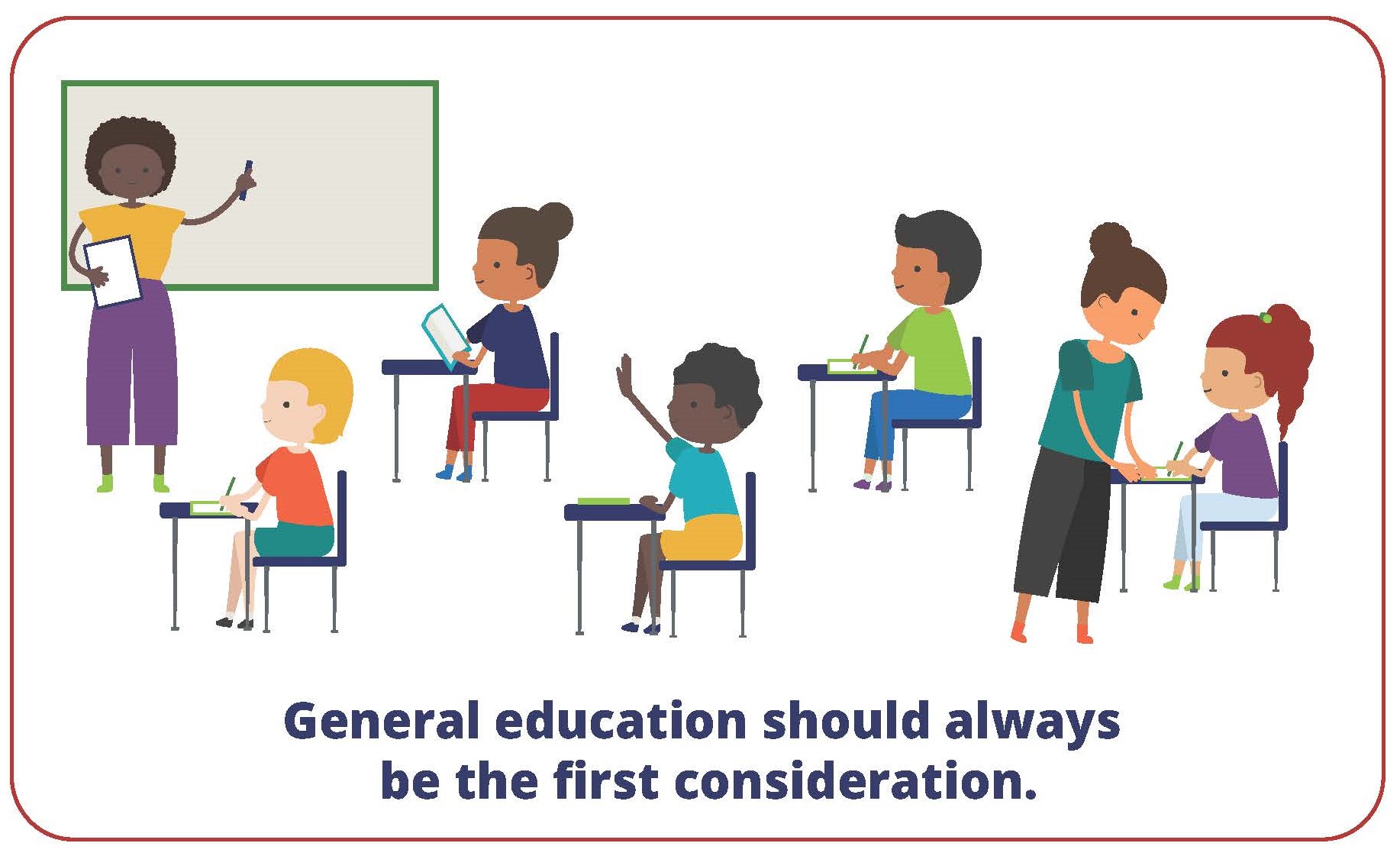 Illustration of a classroom with a teacher providing instruction to students. Students participate in different ways, including writing, using a tablet, raising a hand, and receiving individual assistance. Text reads: "General education should always be the first consideration.