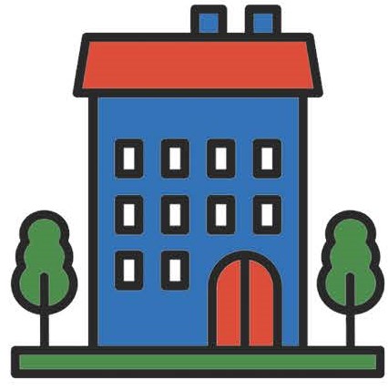 Illustration of a school building with multiple windows, a central entrance, and trees on either side, representing a school or educational setting.