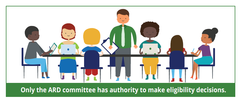 Illustration of people seated around a table, with the statement: "Only the ARD committee has authority to make eligibility decisions."