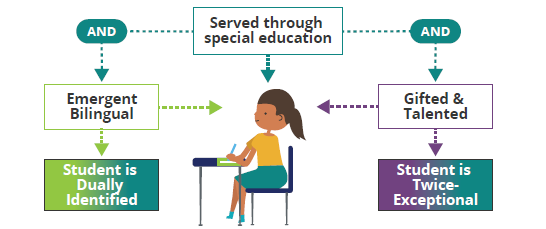 Flowchart showing a child served through special education branching two ways: "AND" Emergent Bilingual leads to "Student is Dually Identified"; "AND" Gifted & Talented leads to "Student is Twice-Exceptional." Illustration shows a child seated at a desk in the center.