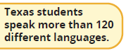 Decorative image of a yellow box containing text that reads: Texas students speak more than 120 different languages.