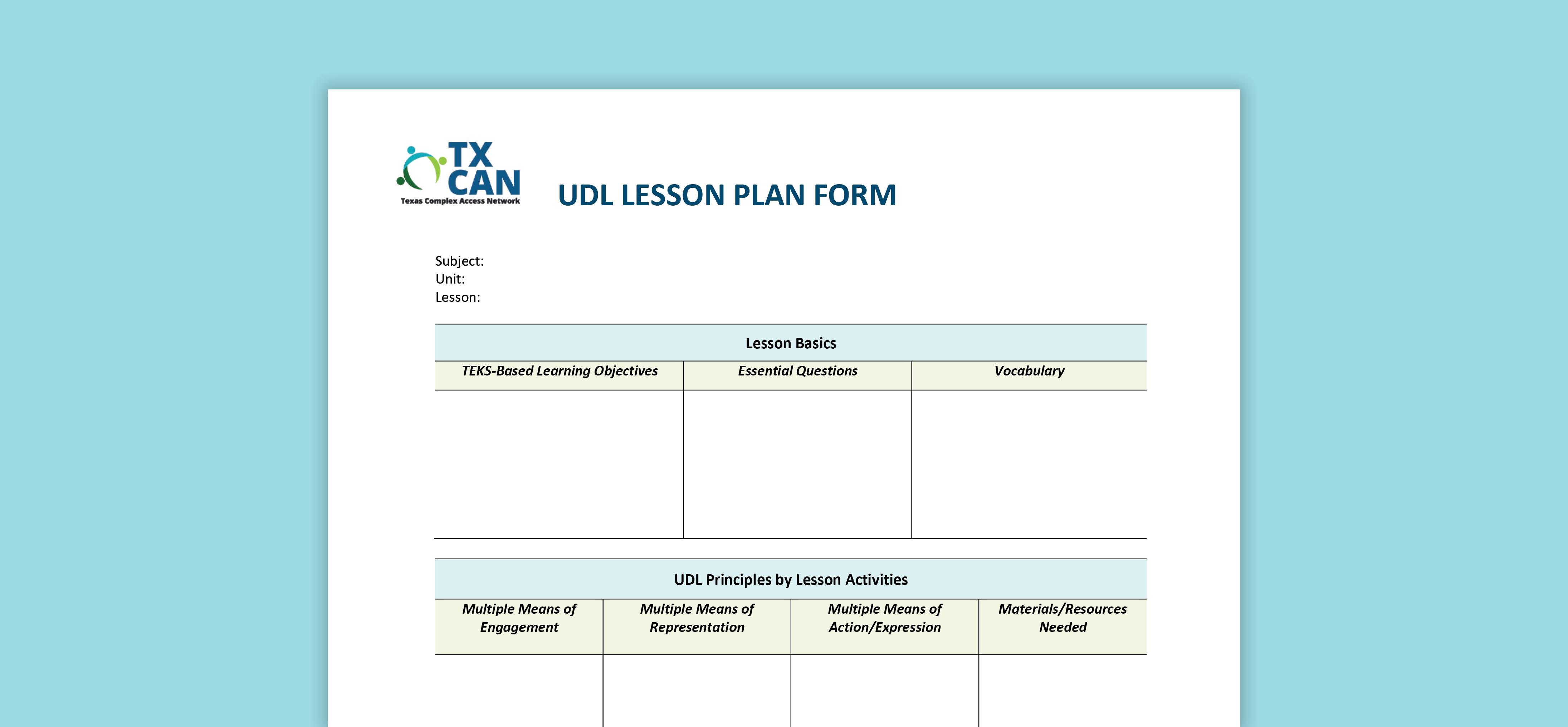 UDL Lesson Plan Form Template Texas SPED Support